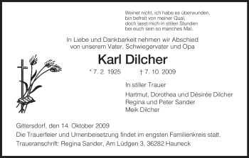 Traueranzeige von Karl Dilcher von HERSFELDER ZEITUNG