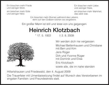 Traueranzeige von Heinrich Klotzbach von HERSFELDER ZEITUNG