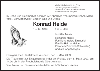 Traueranzeige von Konrad Heide von HERSFELDER ZEITUNG