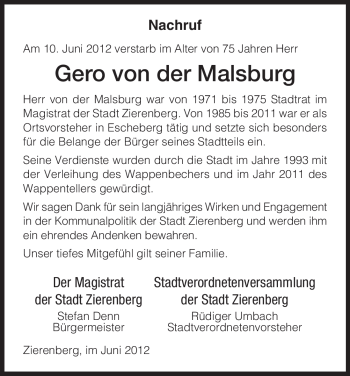 Traueranzeige von Gero von der Malsburg von HERSFELDER ZEITUNG