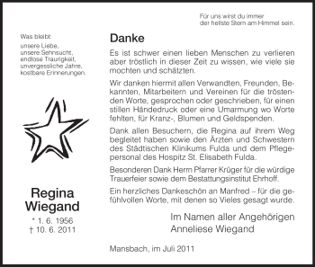 Traueranzeige von Regina Wiegand von HERSFELDER ZEITUNG