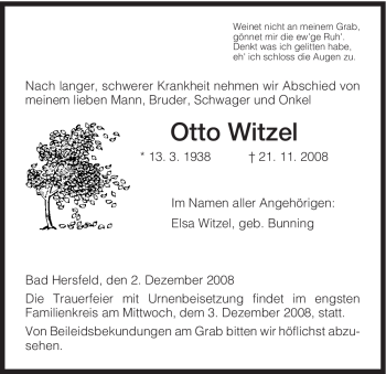 Traueranzeige von Otto Witzel von HERSFELDER ZEITUNG