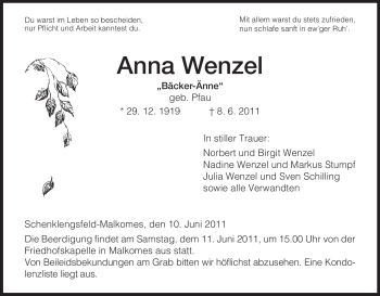 Traueranzeige von Anna Wenzel von HERSFELDER ZEITUNG