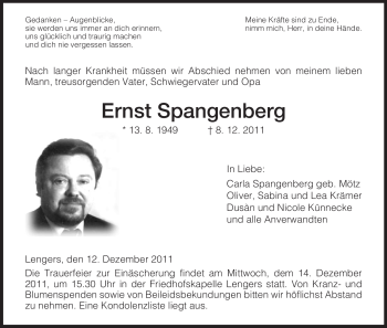 Traueranzeige von Ernst Spangenberg von HERSFELDER ZEITUNG