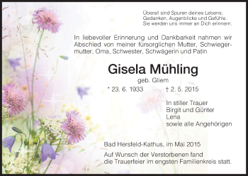 Traueranzeige von Gisela Mühling von Hersfeld