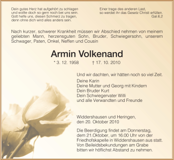 Traueranzeige von Armin Volkenand von HERSFELDER ZEITUNG