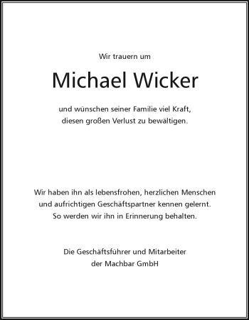 Traueranzeige von Michael Wicker von HERSFELDER ZEITUNG