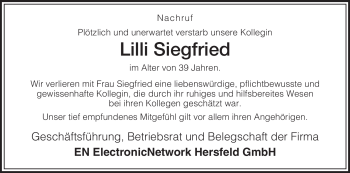 Traueranzeige von Lilli Siegfried von HERSFELDER ZEITUNG