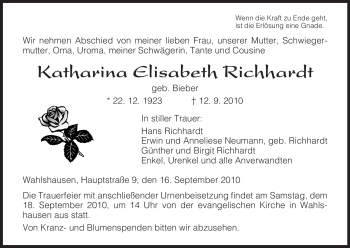 Traueranzeige von Katharina Elisabeth Richhardt von HERSFELDER ZEITUNG