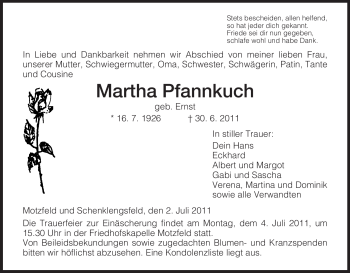 Traueranzeige von Martha Pfannkuch von HERSFELDER ZEITUNG