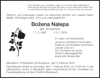 Traueranzeige von Bozena Nalepa von Hersfeld