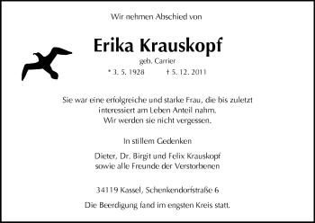 Traueranzeige von Erika Krauskopf von HERSFELDER ZEITUNG