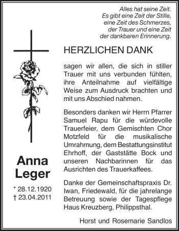 Traueranzeige von Anna Leger von HERSFELDER ZEITUNG