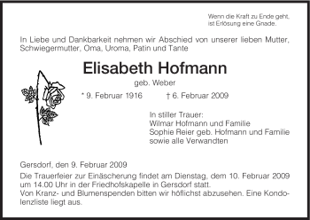 Traueranzeige von Elisabeth Hofmann von HERSFELDER ZEITUNG