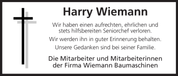 Traueranzeige von Harry Wiemann von HERSFELDER ZEITUNG