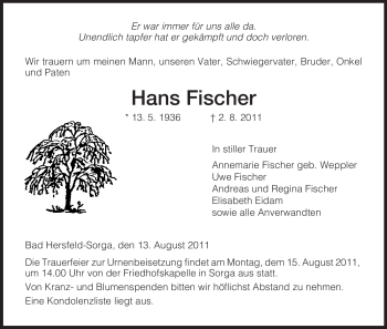 Traueranzeige von Hans Fischer von HERSFELDER ZEITUNG