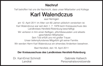 Traueranzeige von Karl Walendczus von HERSFELDER ZEITUNG