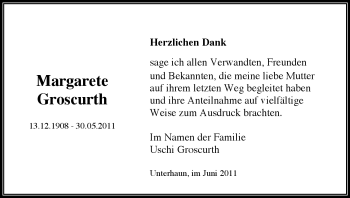 Traueranzeige von Margarete Groscurth von HERSFELDER ZEITUNG