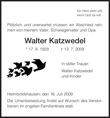 Traueranzeige von Walter Katzwedel von HERSFELDER ZEITUNG