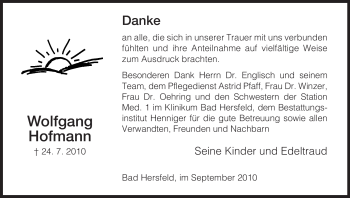Traueranzeige von Wolfgang Hofmann von HERSFELDER ZEITUNG