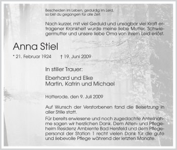 Traueranzeige von Anna Stiel von HERSFELDER ZEITUNG