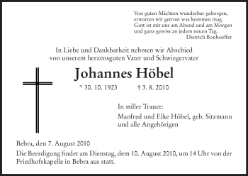 Traueranzeige von Johannes Höbel von HERSFELDER ZEITUNG