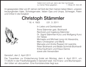 Traueranzeige von Christoph Stämmler von HERSFELDER ZEITUNG