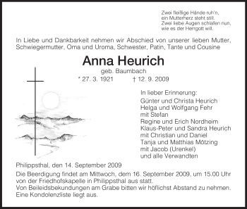 Traueranzeige von Anna Heurich von HERSFELDER ZEITUNG