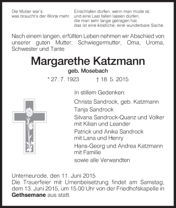 Traueranzeige von Margarethe Katzmann von Hersfeld