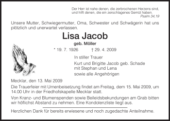 Traueranzeige von Lisa Jacob von HERSFELDER ZEITUNG