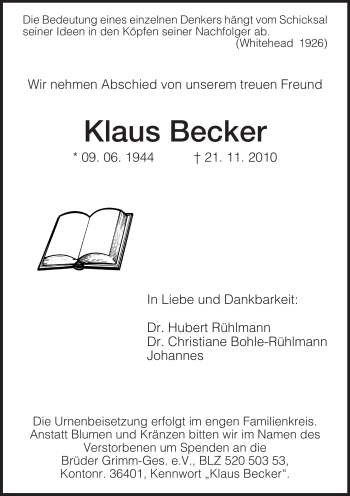 Traueranzeige von Klaus Becker von HERSFELDER ZEITUNG