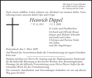 Traueranzeige von Heinrich Dippel von HERSFELDER ZEITUNG