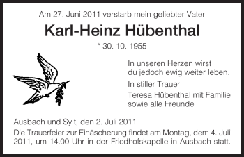 Traueranzeige von Karl-Heinz Hübenthal von HERSFELDER ZEITUNG