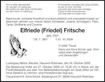 Traueranzeige von Elfriede Fritsche von HERSFELDER ZEITUNG