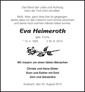 Traueranzeige von Eva Heimeroth von HERSFELDER ZEITUNG