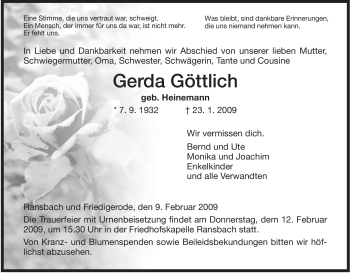 Traueranzeige von Gerda Göttlich von HERSFELDER ZEITUNG