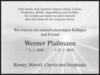 Traueranzeige von Werner Plaßmann von HERSFELDER ZEITUNG
