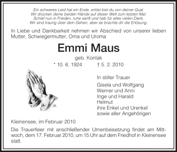 Traueranzeige von Emmi Maus von HERSFELDER ZEITUNG