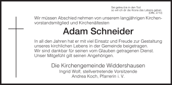Traueranzeige von Adam Schneider von HERSFELDER ZEITUNG