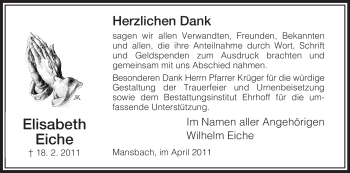Traueranzeige von Elisabeth Eiche von HERSFELDER ZEITUNG