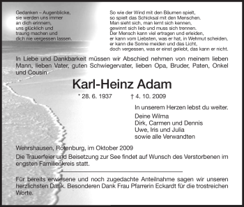 Traueranzeige von Karl-Heinz Adam von HERSFELDER ZEITUNG