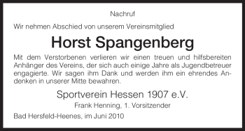 Traueranzeige von Horst Spangenberg von HERSFELDER ZEITUNG