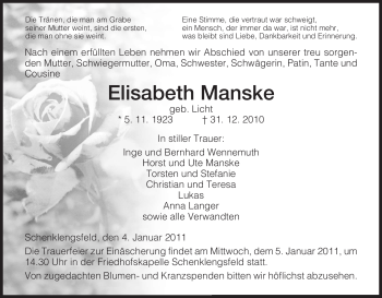 Traueranzeige von Elisabeth Manske von HERSFELDER ZEITUNG