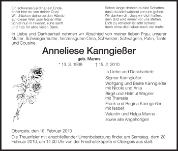 Traueranzeige von Anneliese Kanngießer von HERSFELDER ZEITUNG