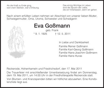 Traueranzeige von Eva Goßmann von HERSFELDER ZEITUNG