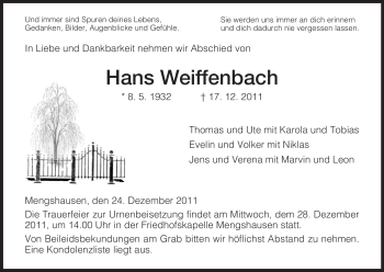 Traueranzeige von Hans Weiffenbach von HERSFELDER ZEITUNG