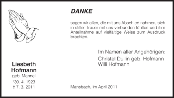 Traueranzeige von Liesbeth Hofmann von HERSFELDER ZEITUNG