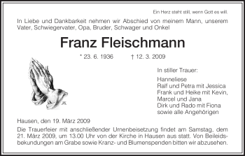 Traueranzeige von Franz Fleischmann von HERSFELDER ZEITUNG