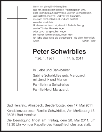 Traueranzeige von Peter Schwirblies von HERSFELDER ZEITUNG