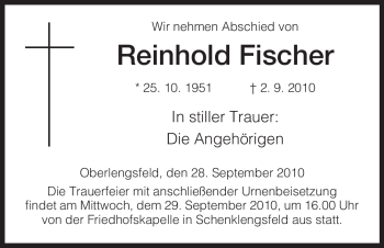 Traueranzeige von Reinhold Fischer von HERSFELDER ZEITUNG